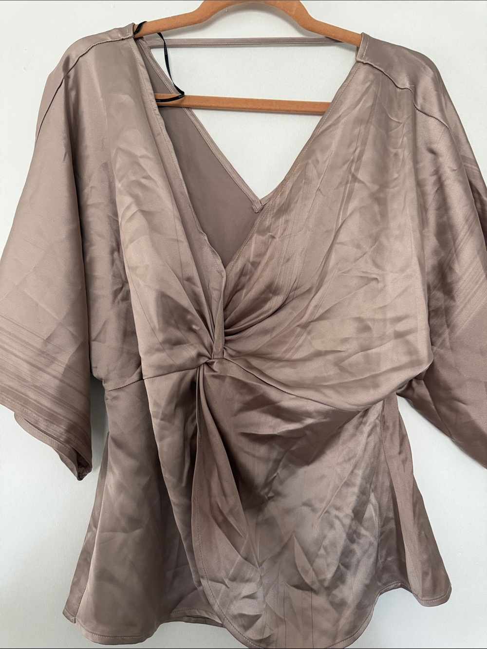 Pleione Twist-Front V-Neck Blouse in Taupe